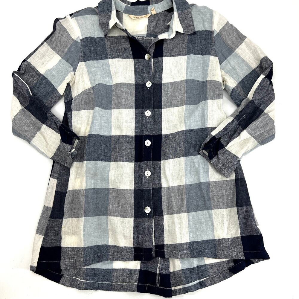 Soft surroundings Womens Blue Plaid Button Up Back Zip Top Size S Preowned